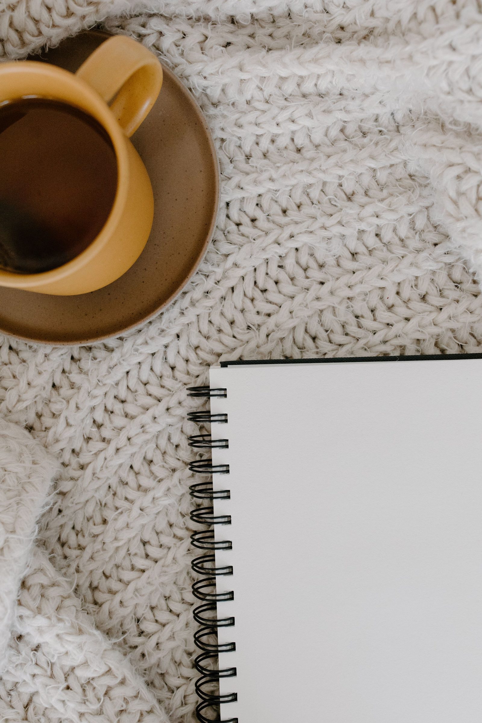 Glass mug of tea and an open notebook on a sage and cream knit blanket.